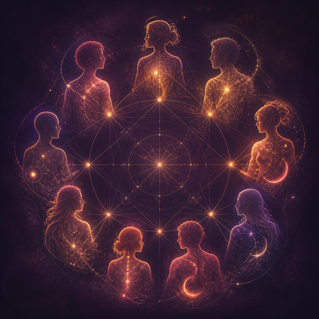 Nine glowing figures arranged in an Enneagram circle
